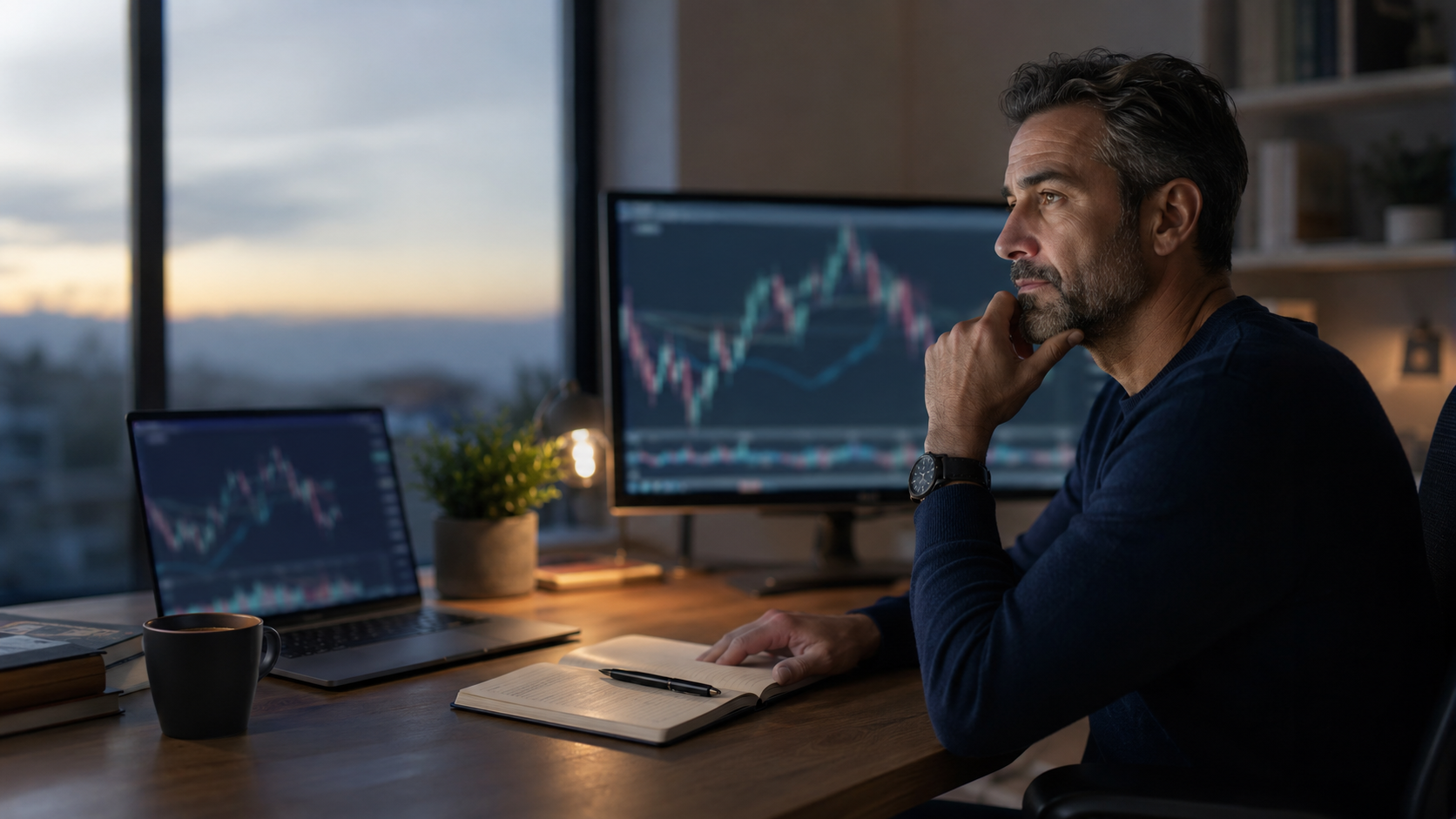 Trading Consapevole 1 Trader che analizza con calma grafici Forex nel proprio spazio di lavoro