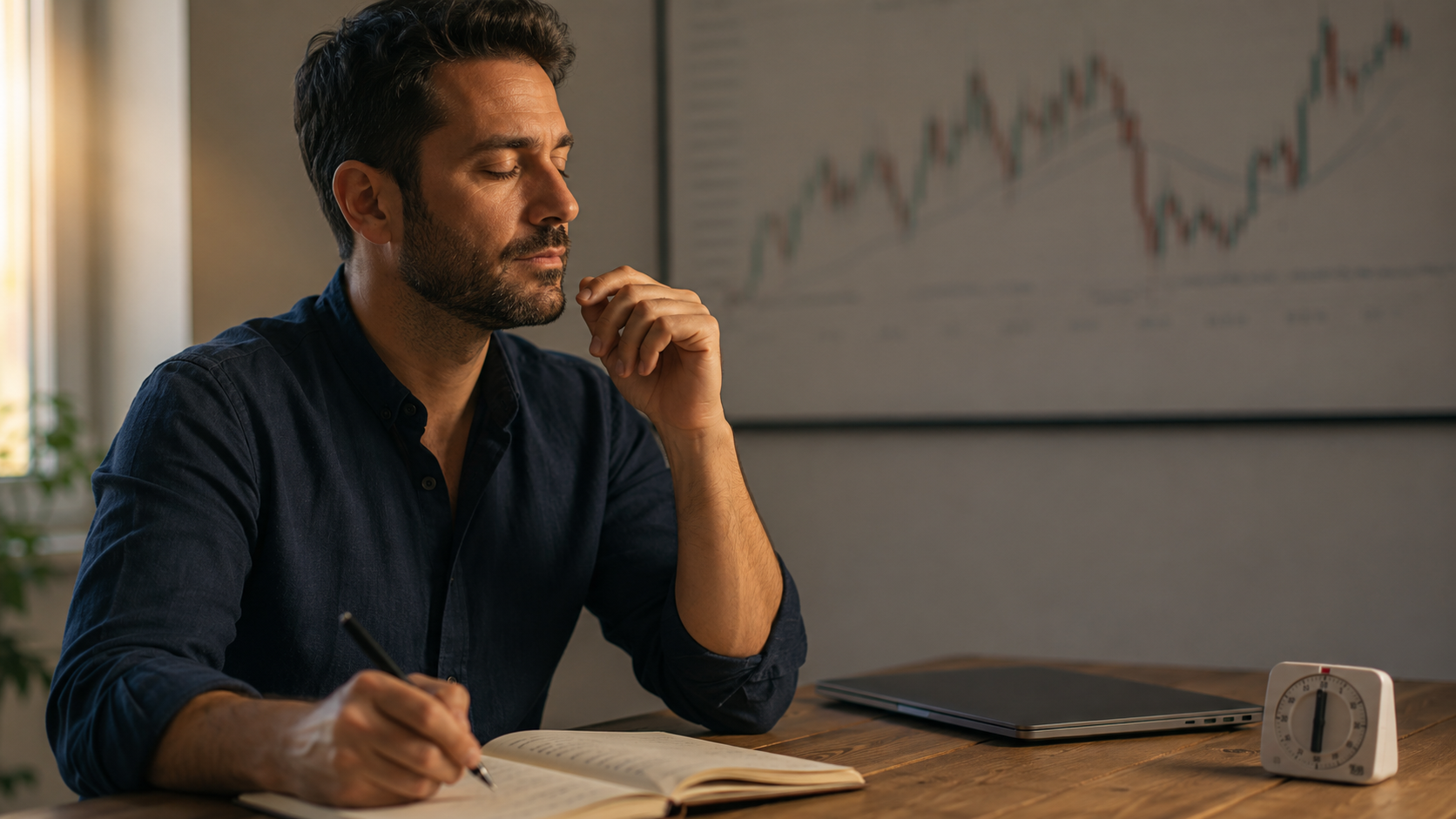Trading Consapevole 3 Trader che annota le proprie regole e gestisce le emozioni prima di operare