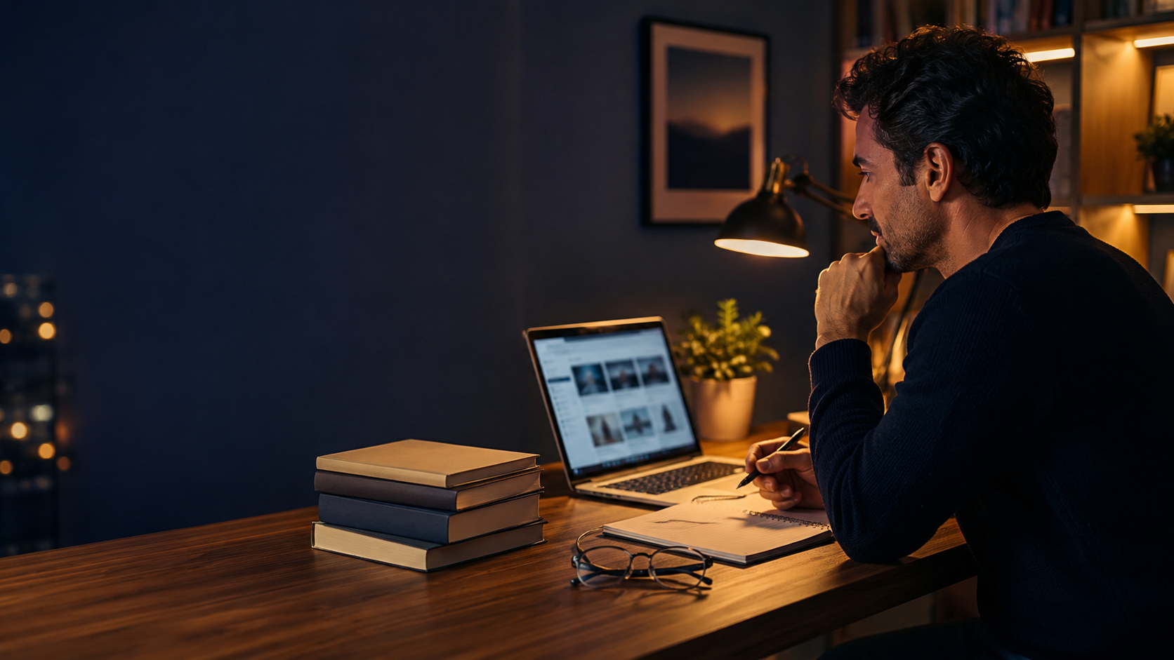Risorse 4 Persona che consulta risorse digitali e libri in uno spazio di studio