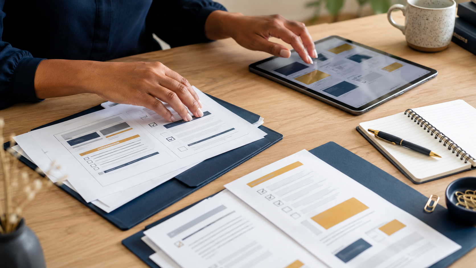 Risorse 6 Mani che consultano guide gratuite e checklist su tablet e carta