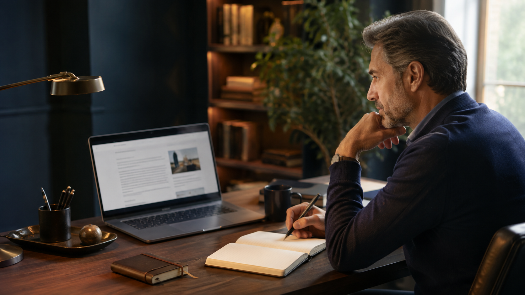 Blog 4 Uomo che legge articoli online e prende appunti alla scrivania