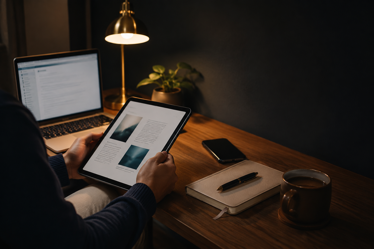 Guide gratuite 5 Persona che legge una guida digitale su tablet in un ambiente serale