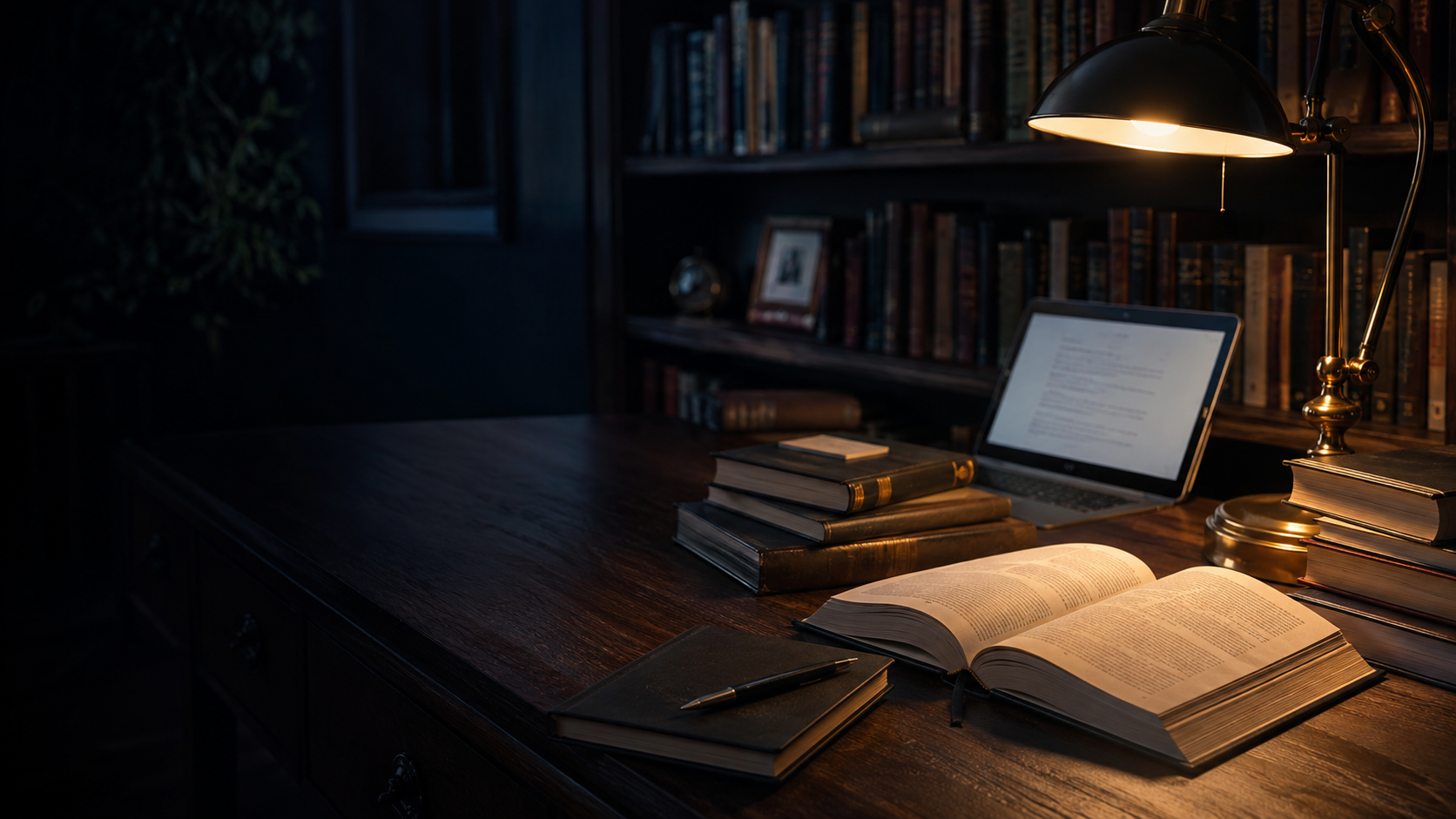 Libri aperti e risorse digitali su una scrivania in un ambiente di lettura