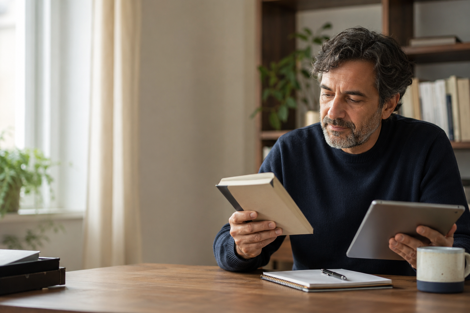 Persona che sceglie un libro accanto a un tablet con risorse digitali