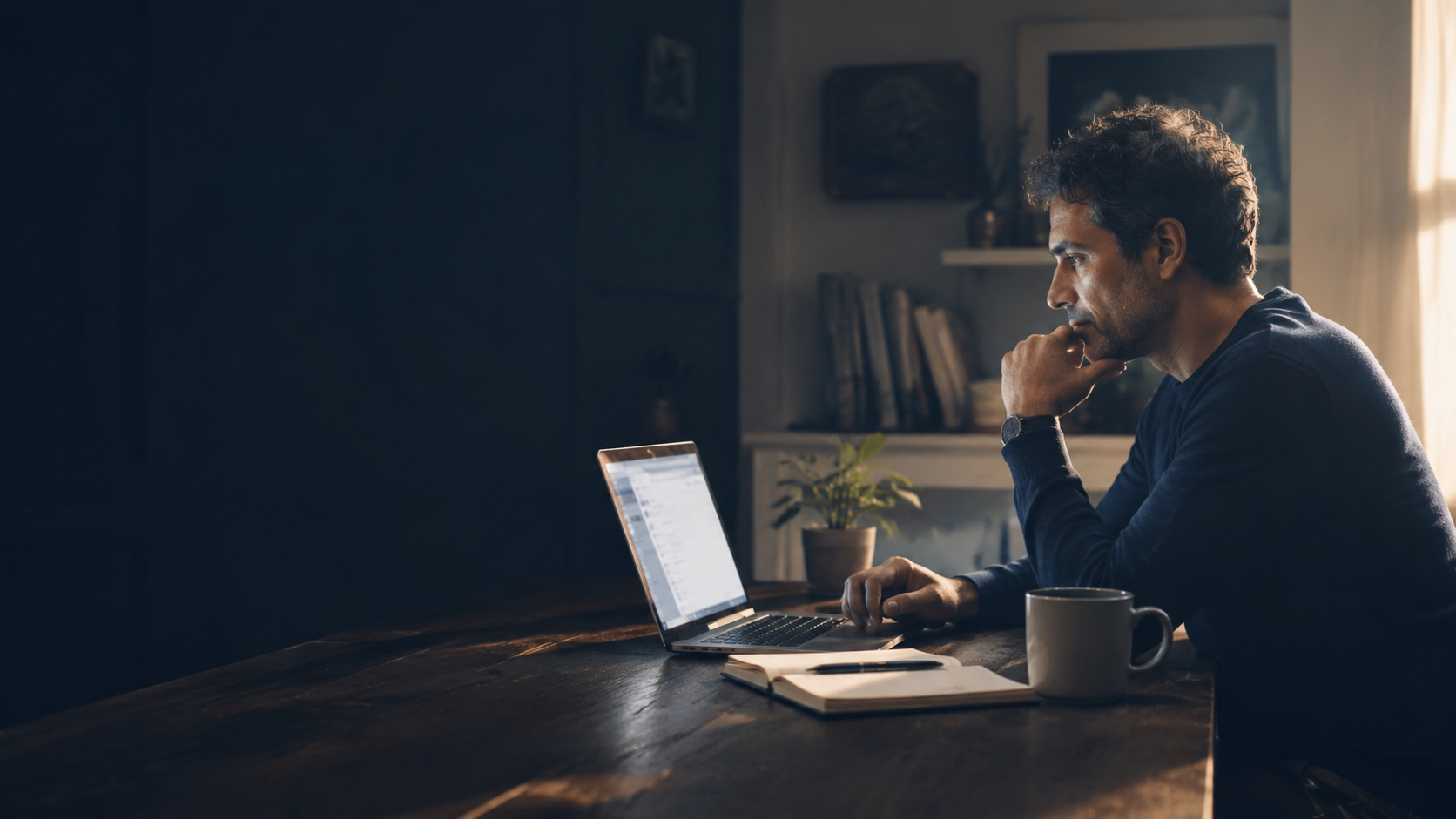 Persona che legge una newsletter al computer in un ambiente domestico