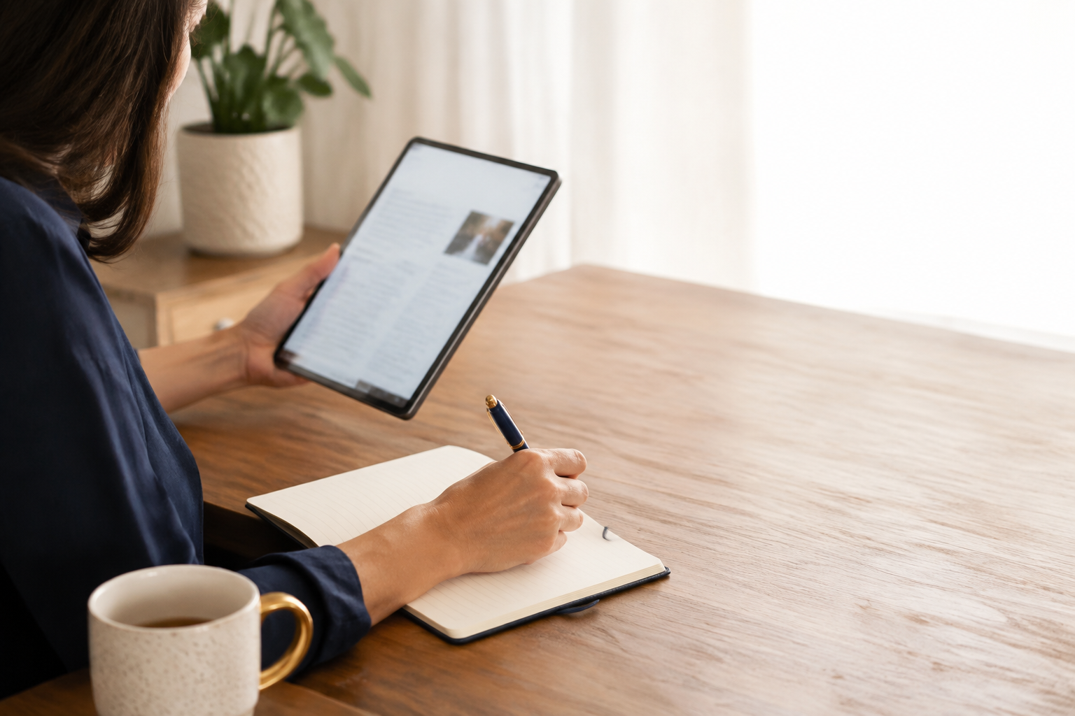 Persona che legge un approfondimento digitale e prende appunti