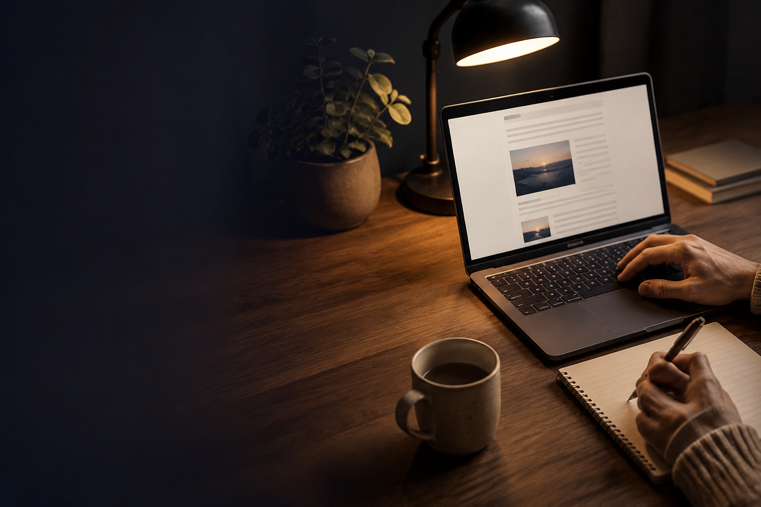 Persona che consulta una newsletter e prende appunti alla scrivania