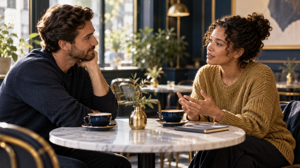 Due persone adulte conversano con calma a un tavolino Roulette e gioco responsabile